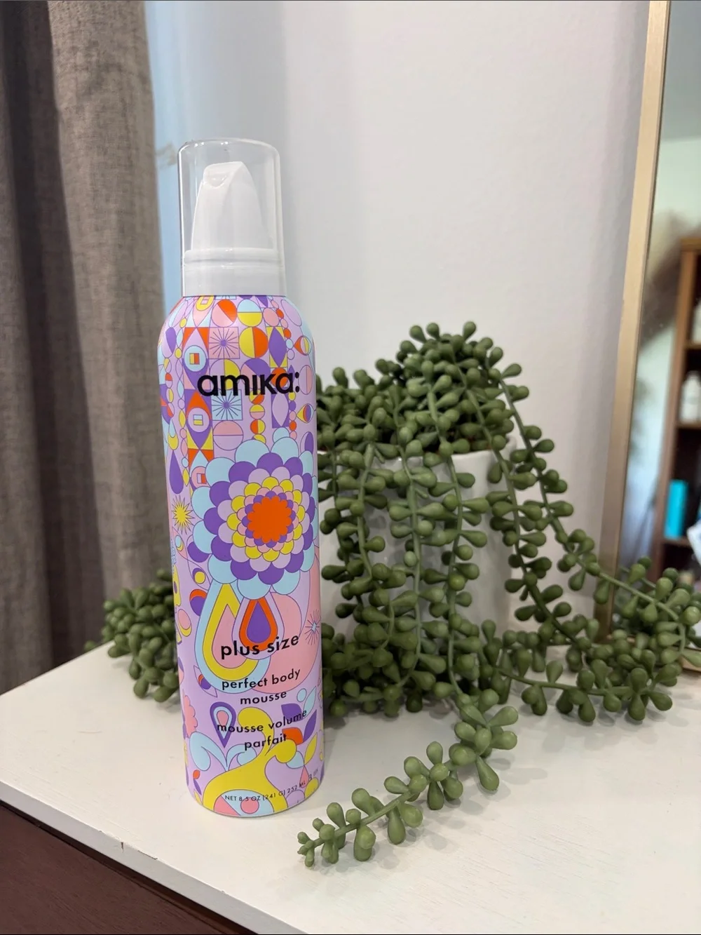 amika Perfect Body Mousse — Lavender & Pink Retro Floral Bottle